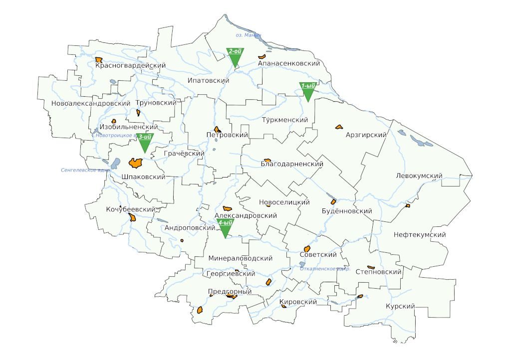 Схема расположения опытных участков на территории Ставропольского края