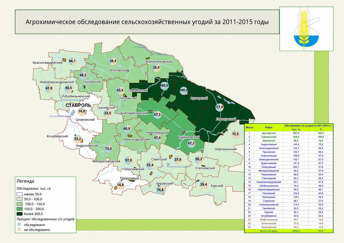 Картограмма проведения агрохимического обследования в разрезе районов в период 2011-2015 годов